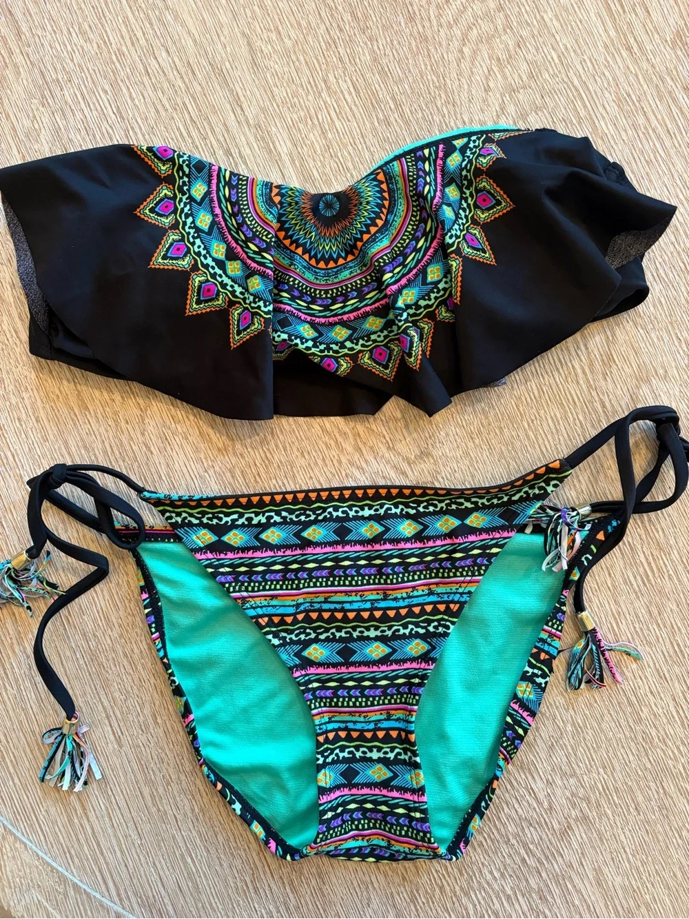 Ruffle Bandeau Bikini Set in Black With Bright Aztec Pattern